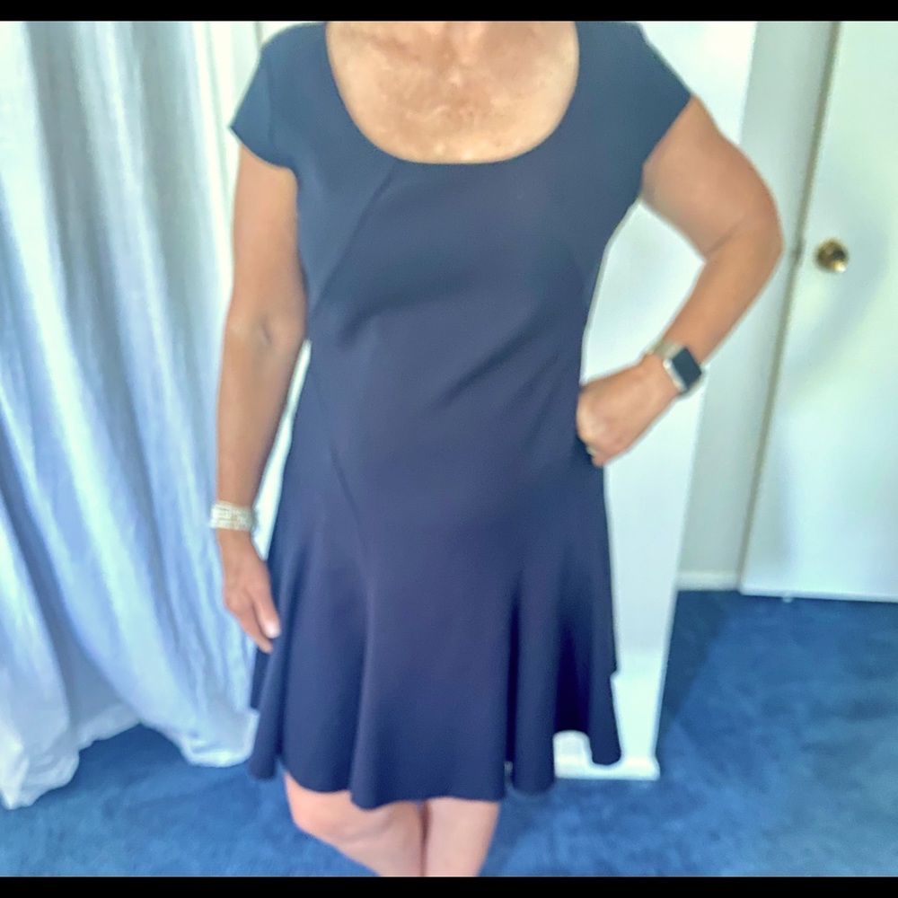 Navy blue Loft dress with flared skirt.